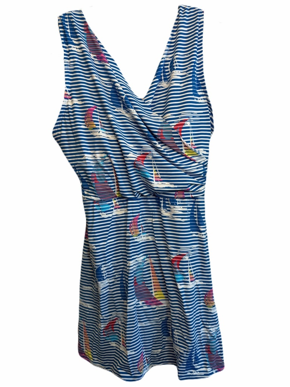 Lands' End Blue & White Striped Sailboat One-Piece Swimdress